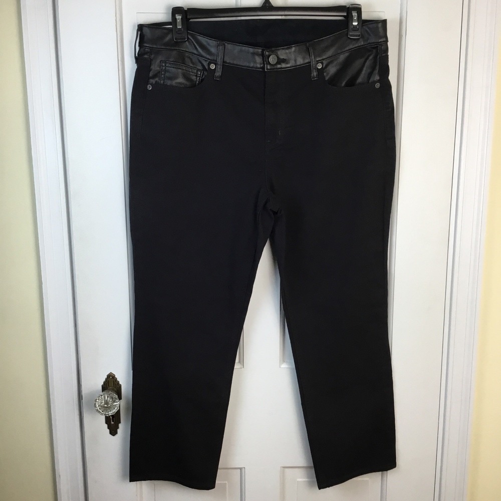 Gap Vintage Slim Mid Rise Black Jeans Faux Leather Trim Tapered Size 16 Short